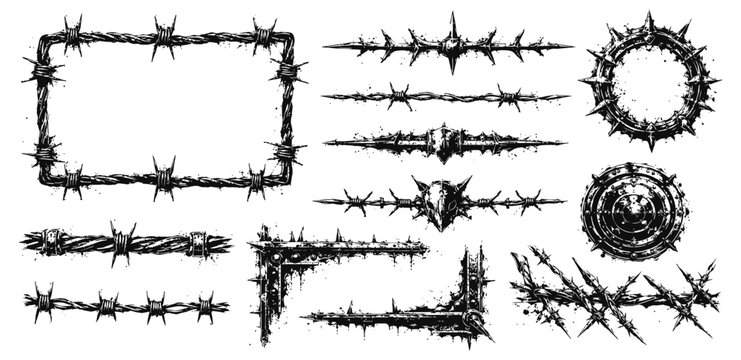 set of grungy barbed wire elements and frames with sharp spikes in black vector design