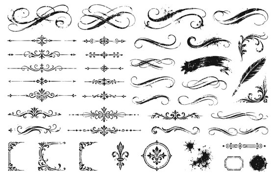 vintage ornamental design elements set with flourishes, frames, swirls, arrows, and calligraphy accents