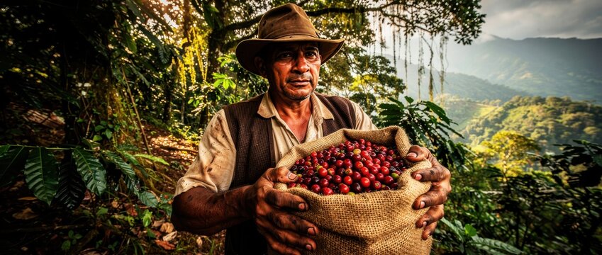 Farmer holds sack of ripe coffee cherries in a lush plantation. Worker harvests berries in a tropical mountain landscape. Sustainable farming concept for organic food marketing and fair trade.