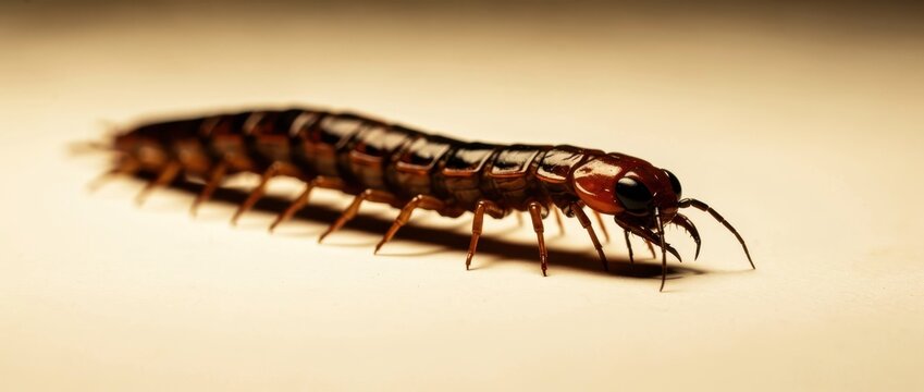 Large centipede crawling on a neutral surface. Macro view showing detailed legs, exoskeleton, and antennae of this predatory arthropod. Biology and pest control concept for scientific education.