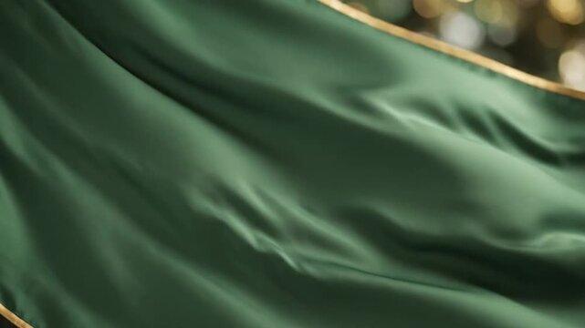 Close-up of a blank green flag with a golden border waving gently in the wind, showcasing the smooth texture of the fabric.