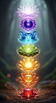 Seven chakra symbols and lotus flowers in a vertical alignment