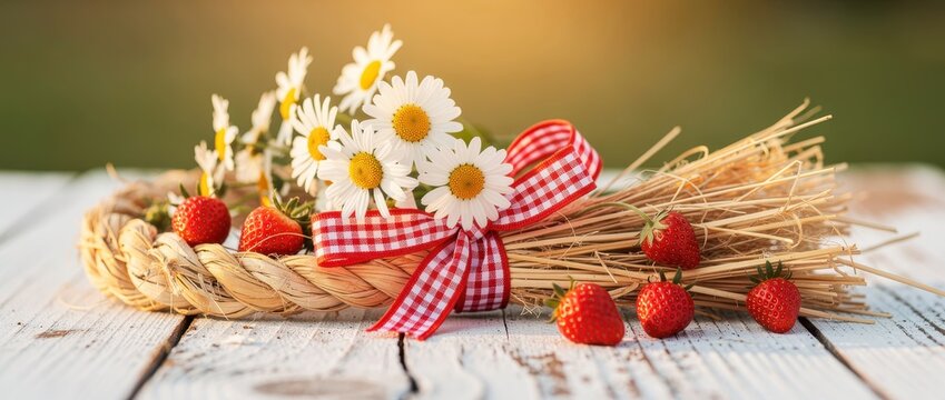 Straw wreath with daisies and red checkered ribbon on wooden table. Fresh strawberries scattered around rustic summer arrangement. Country harvest concept for seasonal marketing and food blogs.