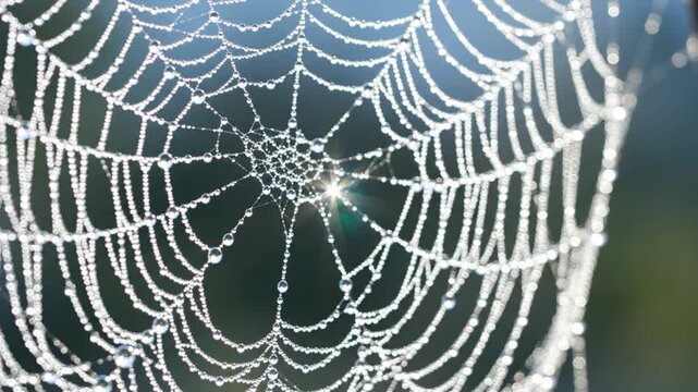 Close-up of spider web covered in dew drops reflecting morning sun
