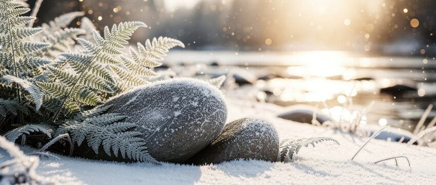 Frost-covered rocks and green fern leaves in a snowy winter landscape. Golden sunlight glows over a frozen riverbank with delicate ice crystals. Serene winter morning concept for seasonal designs.