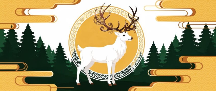 White stag with ornate antlers standing in a stylized forest. Traditional Japanese clouds and golden sun design with geometric patterns. Mythological nature concept, ideal for cultural backgrounds.
