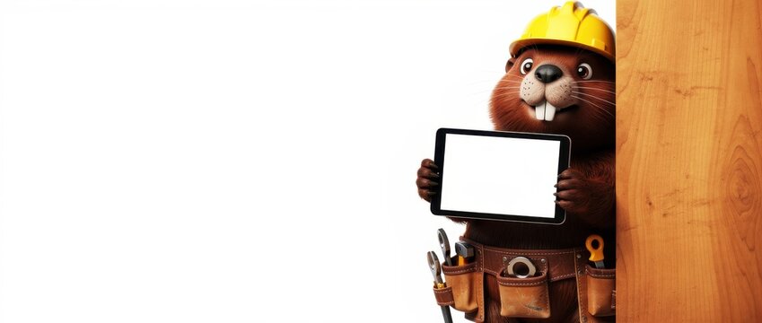 Cute beaver character wearing a hard hat and holding a blank tablet. Cartoon animal worker with tool belt posing behind wood on white background. Construction mascot and digital mockup concept.