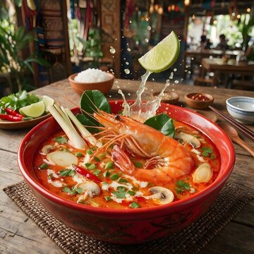 Spicy Thai Tom Yum Goong Soup with Big Prawn and Lime Splash in a Restaurant Bowl