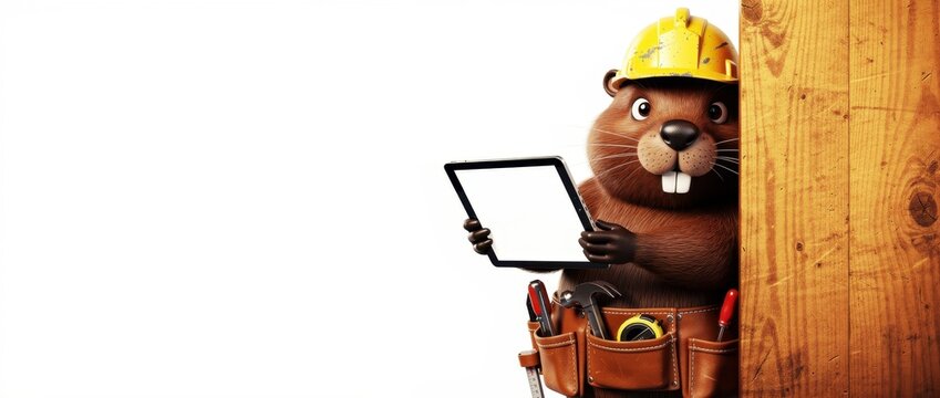 Cartoon beaver contractor holding blank tablet peeking from behind wood. Cute builder mascot wearing yellow hard hat and tool belt. Construction planning concept for home improvement marketing.