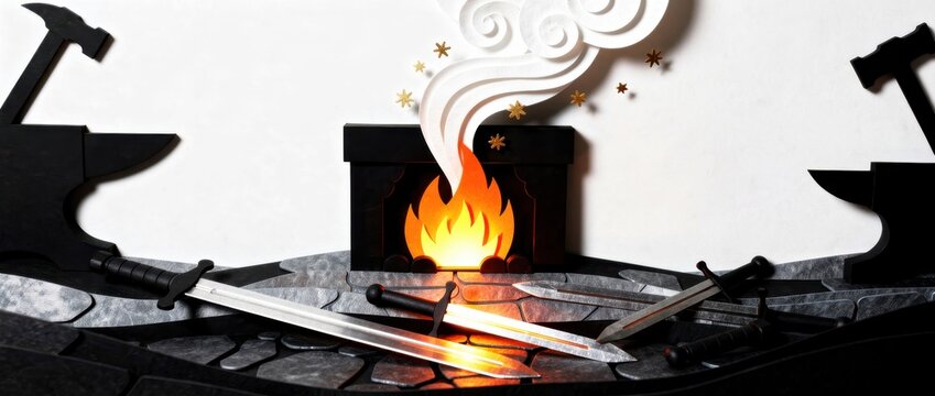 Paper craft scene depicting a blacksmith forge with fire and swords. Handcrafted paper-cut elements show anvils, hammers, and glowing blades. Fantasy artisan theme for gaming and hobby ads.
