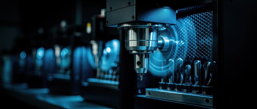 CNC milling machine head with drill bit in a factory. Automated metalworking equipment for high-speed production. Industrial technology concept for smart manufacturing marketing.