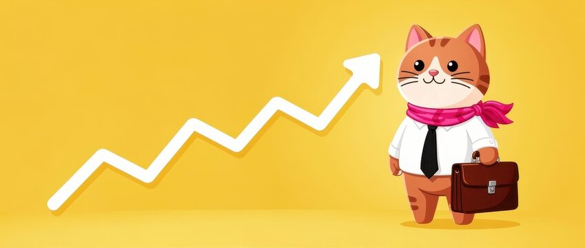 Business cat character standing next to a rising growth arrow. Cartoon feline dressed in professional attire on yellow background. Financial success concept for marketing and corporate media.