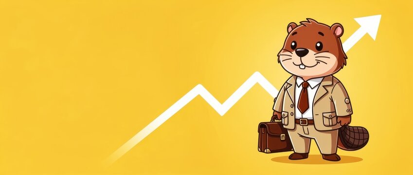 Cartoon beaver businessman standing next to a rising growth arrow. Character wears a suit and carries a briefcase on yellow backdrop. Business success concept, ideal for marketing and finance.