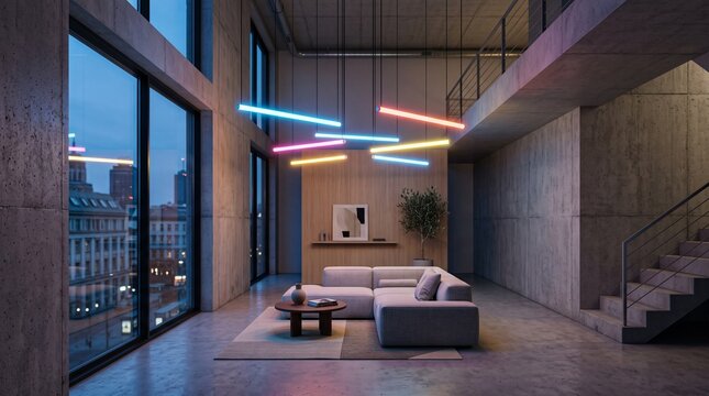 Modern loft living room with neon lights and city view