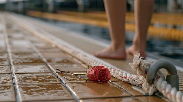 Teen lifeguard trainee stands on rain soaked pool tiles beside a closed seasonal facility, close detail on a single rose petal resting on the lane rope hook, a poetic self love