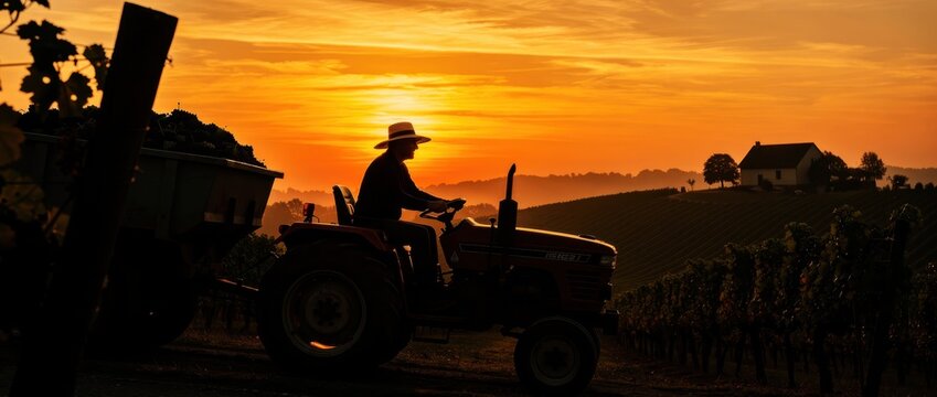 Silhouette of a farmer driving a tractor through a vineyard at sunset. Rolling hills and a farmhouse frame the agricultural landscape during harvest. Ideal for wine industry and farming marketing.