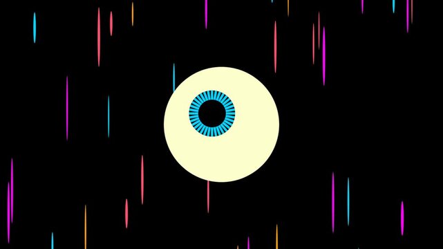 Abstract human eye icon floating in dark space with glowing colorful neon light streaks and particles 4K Motion Video