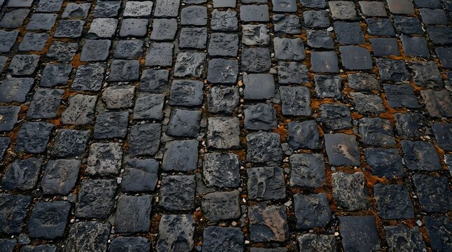 Wet cobblestone street background with dark grey stone blocks and rusty moss details on ancient medieval pedestrian pavement road surface