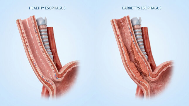 3D Medical Illustration Comparing Healthy and Barrett's Esophagus Anatomy