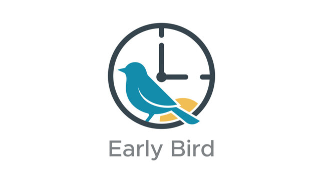 Minimalist vector illustration featuring a blue bird icon combined with a dark grey circular clock graphic
