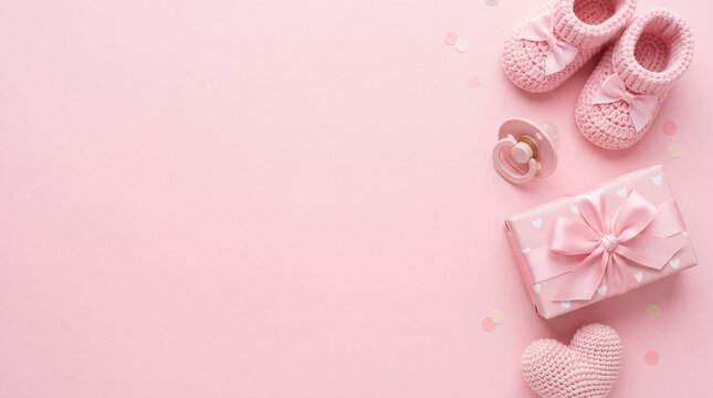 Adorable baby girl background featuring knitted pink booties, a matching pacifier, a gift box with a bow, and hearts on a soft pink surface with copy space.