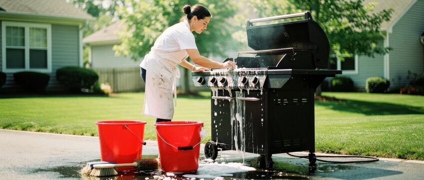 Woman scrubbing a large gas barbecue grill with soapy water on a driveway. Homeowner wearing an apron performs seasonal maintenance on outdoor equipment. Summer preparation and home service concept.