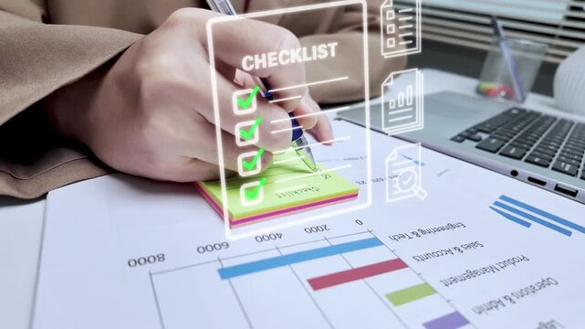 Business professional reviewing financial documents and data as checkmarks appear one by one on a digital checklist, representing accounting, auditing, finance, compliance, and business management.