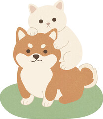 Fototapeta premium Cute white cat hugging a Shiba Inu dog illustration