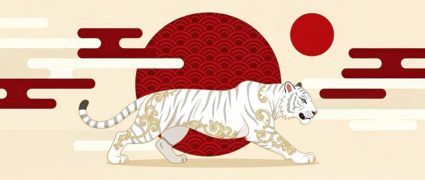 White tiger with golden ornamental patterns walking across stylized background. Traditional Japanese art elements with red sun and minimalist clouds. Asian heritage and Lunar New Year design.