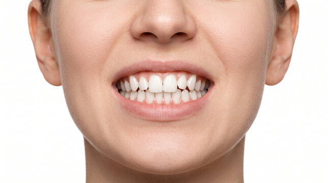 Young white woman with pronounced uneven and misaligned front teeth for orthodontic treatment dental awareness smile correction and healthcare education