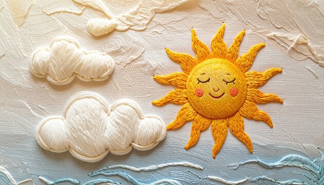 Embroidered sun and cloud artwork with handmade textile texture, cheerful children decoration concept