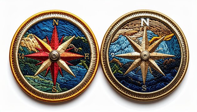 Colorful embroidered compass patch isolated on transparent background, travel adventure and exploration theme