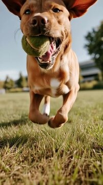 Playful brown dog running toward camera with tennis ball in mouth on sunny grass field, energetic happy pet enjoying outdoor fetch game and exercise
