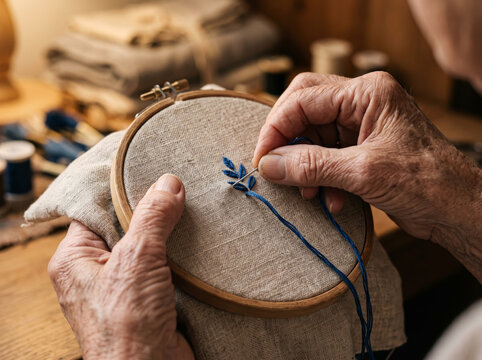 Elderly hands performing needlework embroidery with thread on linen fabric in hoop