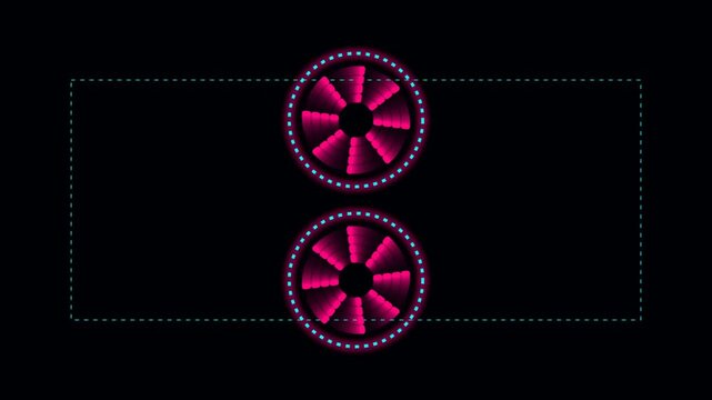 Two glowing neon pink circular fans with cyan dotted borders on a black background 4K Motion Video