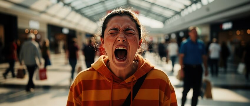 Young woman screaming in a crowded mall. Subject showing intense emotional distress in public space. Urban stress and anxiety concept, useful for mental health and psychological media.