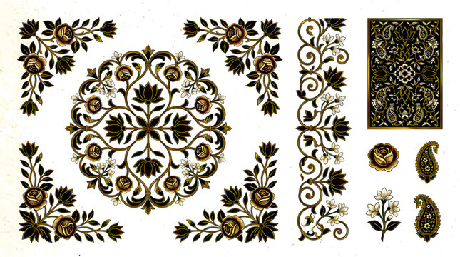 Intricate floral ornament with roses and paisley details showcases a gilded aesthetic arabesque botanical brocade ceremonial damask decorative detailed