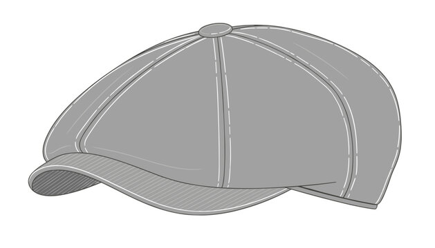 Classic grey flat cap or newsboy hat with stitched details, isolated vector illustration of traditional mens fashion.