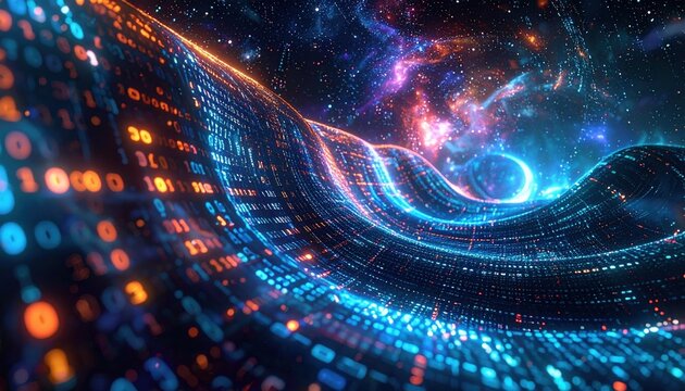 Glowing binary code forming a flowing wave in futuristic cyber environment