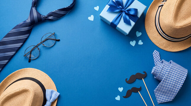Flat lay composition celebrating Father's Day featuring gift boxes, hats, ties, glasses, and decorative hearts on a vibrant blue background with copy space.