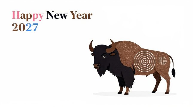 Bison illustration with Happy New Year 2027 greeting text on white background. Stylized American buffalo features concentric circle patterns and stippled texture. Festive wildlife celebration concept.