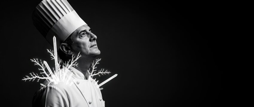 Male chef wearing traditional uniform with glowing frost crystals. Profile portrait captured in dramatic monochrome low-key lighting. Creative culinary concept for molecular gastronomy marketing.