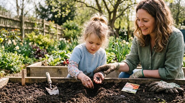 Mother and daughter planting seeds in a raised garden bed
