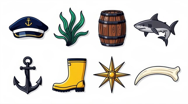 Nautical icon set featuring marine illustrations isolated on white background. Collection includes captain hat, anchor, shark, and barrel. Ocean adventure theme for stickers and branding.