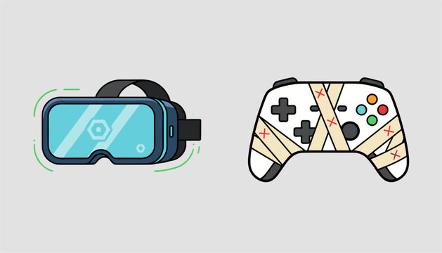 Blue virtual reality headset paired with a white video game controller heavily wrapped in medical tape.