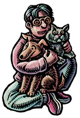 a boy or teenager in glasses sitting on the floor with a dog and cat