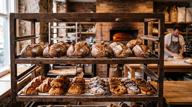 Freshly baked artisan bread and pastries in a rustic bakery