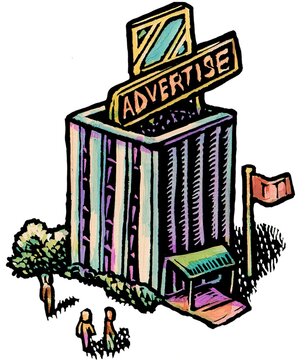 modern office building with the sign 'advertising' on top