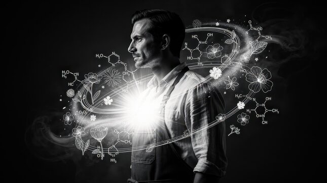 Man in apron with glowing chest light surrounded by chemical formulas and flowers. Artistic representation of fragrance creation and botanical science. Perfumer or organic chemist concept.