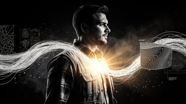Man with glowing data streams and technical schematics. Analyst visualizing complex digital information and network connections. Innovation and big data concept for technology marketing.